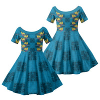 Hawaii Waikiki King Family Matching Mermaid Dress and Hawaiian Shirt Blue Quilt With Pua Manu LT05 Daughter's Dress Blue - Polynesian Pride