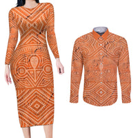Personalised Lapita Culture Couples Matching Long Sleeve Bodycon Dress and Long Sleeve Button Shirt Iconic Double Face Pattern LT05 Brown - Polynesian Pride