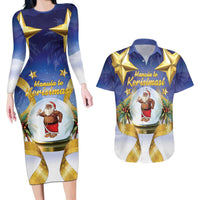 Samoa Christmas Couples Matching Long Sleeve Bodycon Dress and Hawaiian Shirt Snow Globe With Samoan Santa LT05 Navy - Polynesian Pride