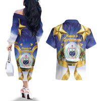 Samoa Christmas Couples Matching Off The Shoulder Long Sleeve Dress and Hawaiian Shirt Snow Globe With Samoan Santa LT05 - Polynesian Pride