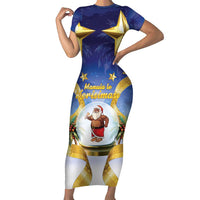 Samoa Christmas Family Matching Short Sleeve Bodycon Dress and Hawaiian Shirt Snow Globe With Samoan Santa LT05 Mom's Dress Navy - Polynesian Pride