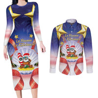 American Samoa Christmas Couples Matching Long Sleeve Bodycon Dress and Long Sleeve Button Shirt Seashell Santa Beach Vibes LT05 Navy - Polynesian Pride