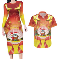 French Polynesia Christmas Couples Matching Long Sleeve Bodycon Dress and Hawaiian Shirt Seashell Santa Beach Vibes LT05 Orange - Polynesian Pride