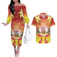 French Polynesia Christmas Couples Matching Off The Shoulder Long Sleeve Dress and Hawaiian Shirt Seashell Santa Beach Vibes LT05 Orange - Polynesian Pride