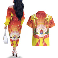 French Polynesia Christmas Couples Matching Off The Shoulder Long Sleeve Dress and Hawaiian Shirt Seashell Santa Beach Vibes LT05 - Polynesian Pride