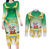 Cook Islands Christmas Couples Matching Long Sleeve Bodycon Dress and Long Sleeve Button Shirt Seashell Santa Beach Vibes LT05 Green - Polynesian Pride