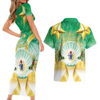 Cook Islands Christmas Couples Matching Short Sleeve Bodycon Dress and Hawaiian Shirt Seashell Santa Beach Vibes LT05 - Polynesian Pride
