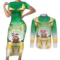 Cook Islands Christmas Couples Matching Short Sleeve Bodycon Dress and Long Sleeve Button Shirt Seashell Santa Beach Vibes LT05 Green - Polynesian Pride