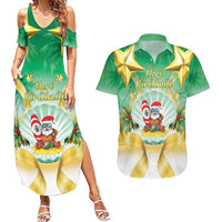 Cook Islands Christmas Couples Matching Summer Maxi Dress and Hawaiian Shirt Seashell Santa Beach Vibes LT05 Green - Polynesian Pride