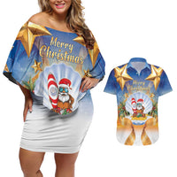 Marshall Islands Christmas Couples Matching Off Shoulder Short Dress and Hawaiian Shirt Seashell Santa Beach Vibes LT05 Navy - Polynesian Pride