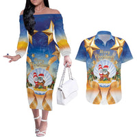 Marshall Islands Christmas Couples Matching Off The Shoulder Long Sleeve Dress and Hawaiian Shirt Seashell Santa Beach Vibes LT05 Navy - Polynesian Pride