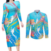 Under The Sea Scuba Diving Couples Matching Long Sleeve Bodycon Dress and Long Sleeve Button Shirt Polynesian Pattern LT05 Blue - Polynesian Pride
