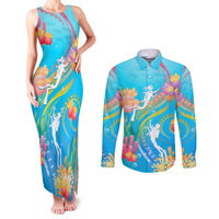 Under The Sea Scuba Diving Couples Matching Tank Maxi Dress and Long Sleeve Button Shirt Polynesian Pattern LT05 Blue - Polynesian Pride
