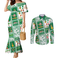 Norfolk Island Christmas Couples Matching Mermaid Dress and Long Sleeve Button Shirt Festive Beach Vibes LT05 Green - Polynesian Pride