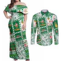 Norfolk Island Christmas Couples Matching Off Shoulder Maxi Dress and Long Sleeve Button Shirt Festive Beach Vibes LT05 Green - Polynesian Pride