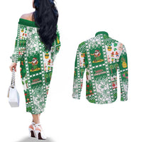 Norfolk Island Christmas Couples Matching Off The Shoulder Long Sleeve Dress and Long Sleeve Button Shirt Festive Beach Vibes LT05 - Polynesian Pride
