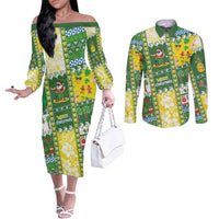 Pitcairn Islands Christmas Couples Matching Off The Shoulder Long Sleeve Dress and Long Sleeve Button Shirt Festive Beach Vibes LT05 Colorful - Polynesian Pride