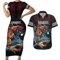 Hawaii Ikaika Couples Matching Short Sleeve Bodycon Dress and Hawaiian Shirt Hawaiian Mythic Koa Tribal Warrior LT05 Black - Polynesian Pride