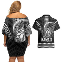 Hawaiian Ikaika Warrior Couples Matching Off Shoulder Short Dress and Hawaiian Shirt Tribal Pattern