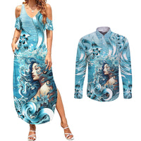 Hawaii Namaka Goddess Of The Sea Couples Matching Summer Maxi Dress and Long Sleeve Button Shirt Polynesian Style LT05 Turquoise - Polynesian Pride