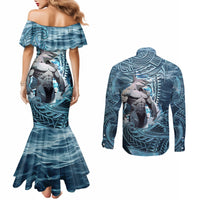 Hawaiian Shark God Kamohoalii Couples Matching Mermaid Dress and Long Sleeve Button Shirt Polynesian Style LT05 - Polynesian Pride