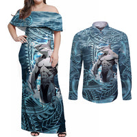 Hawaiian Shark God Kamohoalii Couples Matching Off Shoulder Maxi Dress and Long Sleeve Button Shirt Polynesian Style LT05 Blue - Polynesian Pride