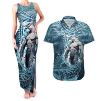 Hawaiian Shark God Kamohoalii Couples Matching Tank Maxi Dress and Hawaiian Shirt Polynesian Style LT05 Blue - Polynesian Pride