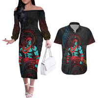 Hawaiian Demigod Maui Couples Matching Off The Shoulder Long Sleeve Dress and Hawaiian Shirt Polynesian Mythology LT05 Black - Polynesian Pride