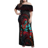 Hawaiian Demigod Maui Family Matching Off Shoulder Maxi Dress and Hawaiian Shirt Polynesian Mythology LT05 Mom's Dress Black - Polynesian Pride