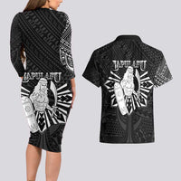 Philippines Tribal Couples Matching Long Sleeve Bodycon Dress and Hawaiian Shirt King Lapu Lapu Black Version LT05 - Polynesian Pride
