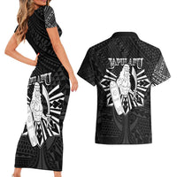 Philippines Tribal Couples Matching Short Sleeve Bodycon Dress and Hawaiian Shirt King Lapu Lapu Black Version LT05 - Polynesian Pride