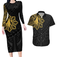 Philippines Tribal Couples Matching Long Sleeve Bodycon Dress and Hawaiian Shirt King Lapu Lapu Gold Version LT05 Gold - Polynesian Pride