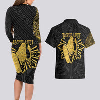 Philippines Tribal Couples Matching Long Sleeve Bodycon Dress and Hawaiian Shirt King Lapu Lapu Gold Version LT05 - Polynesian Pride