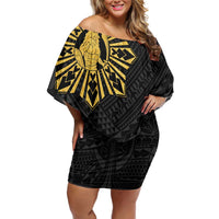 Philippines Tribal Family Matching Off Shoulder Short Dress and Hawaiian Shirt King Lapu Lapu Gold Version LT05 Mom's Dress Gold - Polynesian Pride