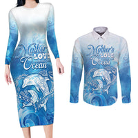 Mother's Love Is Deeper Than Ocean Couples Matching Long Sleeve Bodycon Dress and Long Sleeve Button Shirt Polynesian Style LT05 Blue - Polynesian Pride