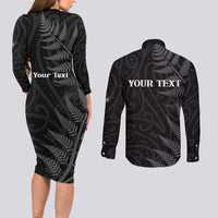 Personalised New Zealand Chur Bro Couples Matching Long Sleeve Bodycon Dress and Long Sleeve Button Shirt Maori Koru With Silver Fern LT05 - Polynesian Pride