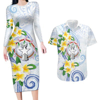 Northern Mariana Islands Chamorro Couples Matching Long Sleeve Bodycon Dress and Hawaiian Shirt Plumeria Curves Style White Version LT05 White - Polynesian Pride