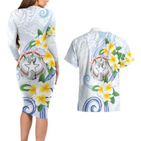 Northern Mariana Islands Chamorro Couples Matching Long Sleeve Bodycon Dress and Hawaiian Shirt Plumeria Curves Style White Version LT05 - Polynesian Pride