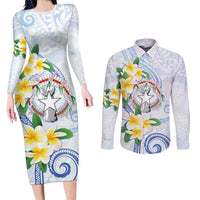 Northern Mariana Islands Chamorro Couples Matching Long Sleeve Bodycon Dress and Long Sleeve Button Shirt Plumeria Curves Style White Version LT05 White - Polynesian Pride