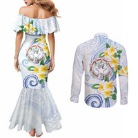 Northern Mariana Islands Chamorro Couples Matching Mermaid Dress and Long Sleeve Button Shirt Plumeria Curves Style White Version LT05 - Polynesian Pride