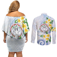 Northern Mariana Islands Chamorro Couples Matching Off Shoulder Short Dress and Long Sleeve Button Shirt Plumeria Curves Style White Version