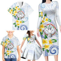 Northern Mariana Islands Chamorro Family Matching Long Sleeve Bodycon Dress and Hawaiian Shirt Plumeria Curves Style White Version LT05 - Polynesian Pride