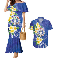 Northern Mariana Islands Chamorro Couples Matching Mermaid Dress and Hawaiian Shirt Plumeria Curves Style Navy Version LT05 Navy - Polynesian Pride