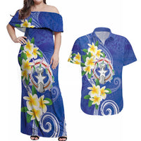 Northern Mariana Islands Chamorro Couples Matching Off Shoulder Maxi Dress and Hawaiian Shirt Plumeria Curves Style Navy Version LT05 Navy - Polynesian Pride