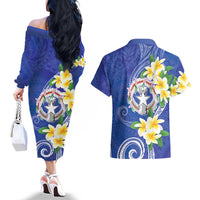 Northern Mariana Islands Chamorro Couples Matching Off The Shoulder Long Sleeve Dress and Hawaiian Shirt Plumeria Curves Style Navy Version LT05 - Polynesian Pride