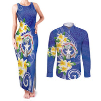 Northern Mariana Islands Chamorro Couples Matching Tank Maxi Dress and Long Sleeve Button Shirt Plumeria Curves Style Navy Version LT05 Navy - Polynesian Pride