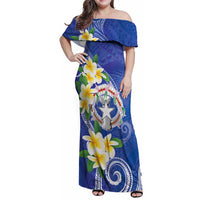 Northern Mariana Islands Chamorro Family Matching Off Shoulder Maxi Dress and Hawaiian Shirt Plumeria Curves Style Navy Version LT05 Mom's Dress Navy - Polynesian Pride