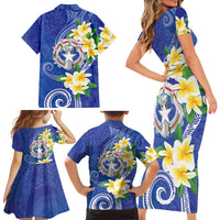 Northern Mariana Islands Chamorro Family Matching Short Sleeve Bodycon Dress and Hawaiian Shirt Plumeria Curves Style Navy Version LT05 - Polynesian Pride
