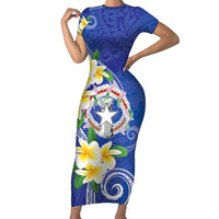 Northern Mariana Islands Chamorro Short Sleeve Bodycon Dress Plumeria Curves Style Navy Version