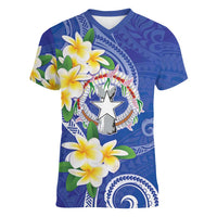 Northern Mariana Islands Chamorro Women V-Neck T-Shirt Plumeria Curves Style Navy Version
